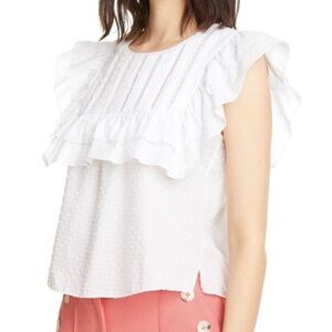Veronica Beard Blaire Ruffle Yoke Fil Coupe Top in White Swiss Dot
